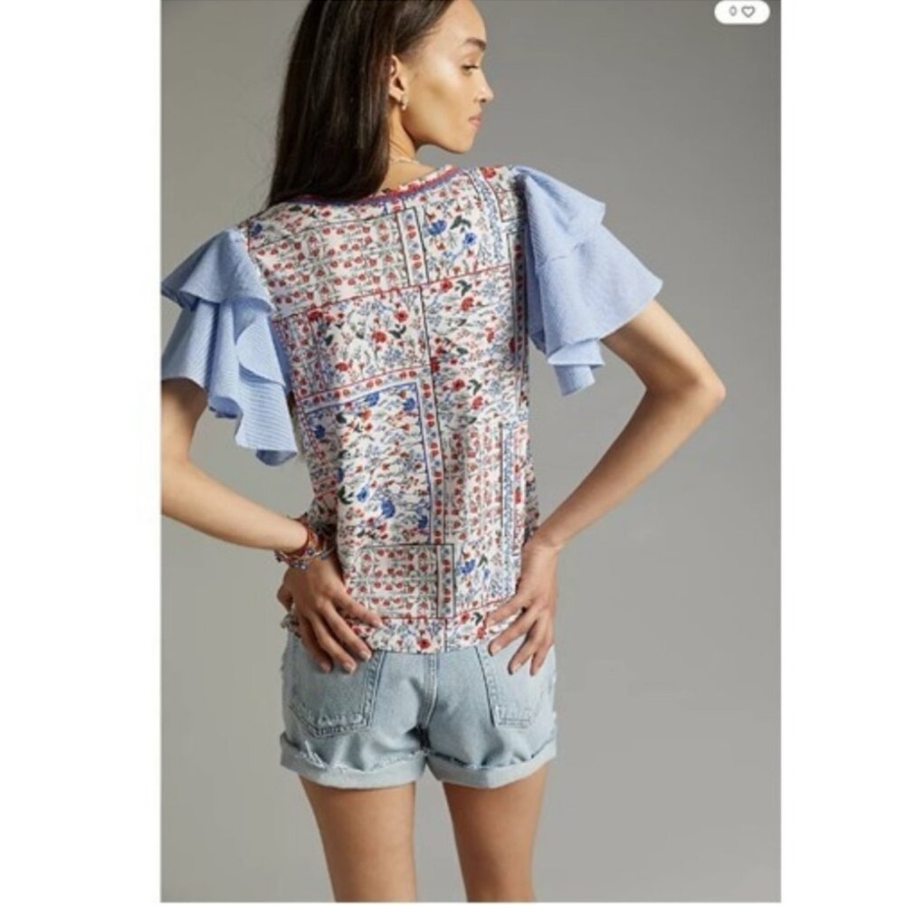 Anthropologie Let Me Be Floral Chambray Ruffle Flutter Sleeve Tee Blouse‎ Size S - Picture 3 of 14
